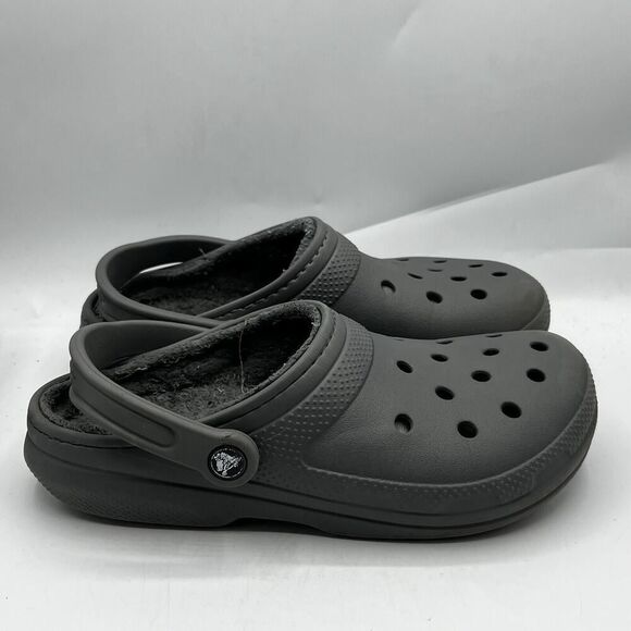 Crocs Dual Comfort Classic Lined Clogs Mens 7 Gray Casual Mules Faux Fur Shoes - Picture 1 of 12